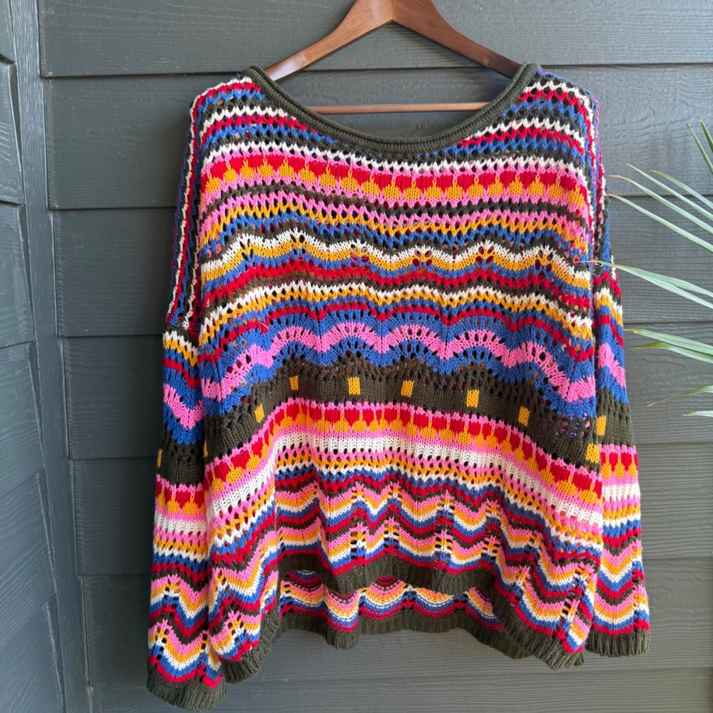 Crochet Knit Open Weave Striped Boho Sweater Olive Pink Blue Oversized XL